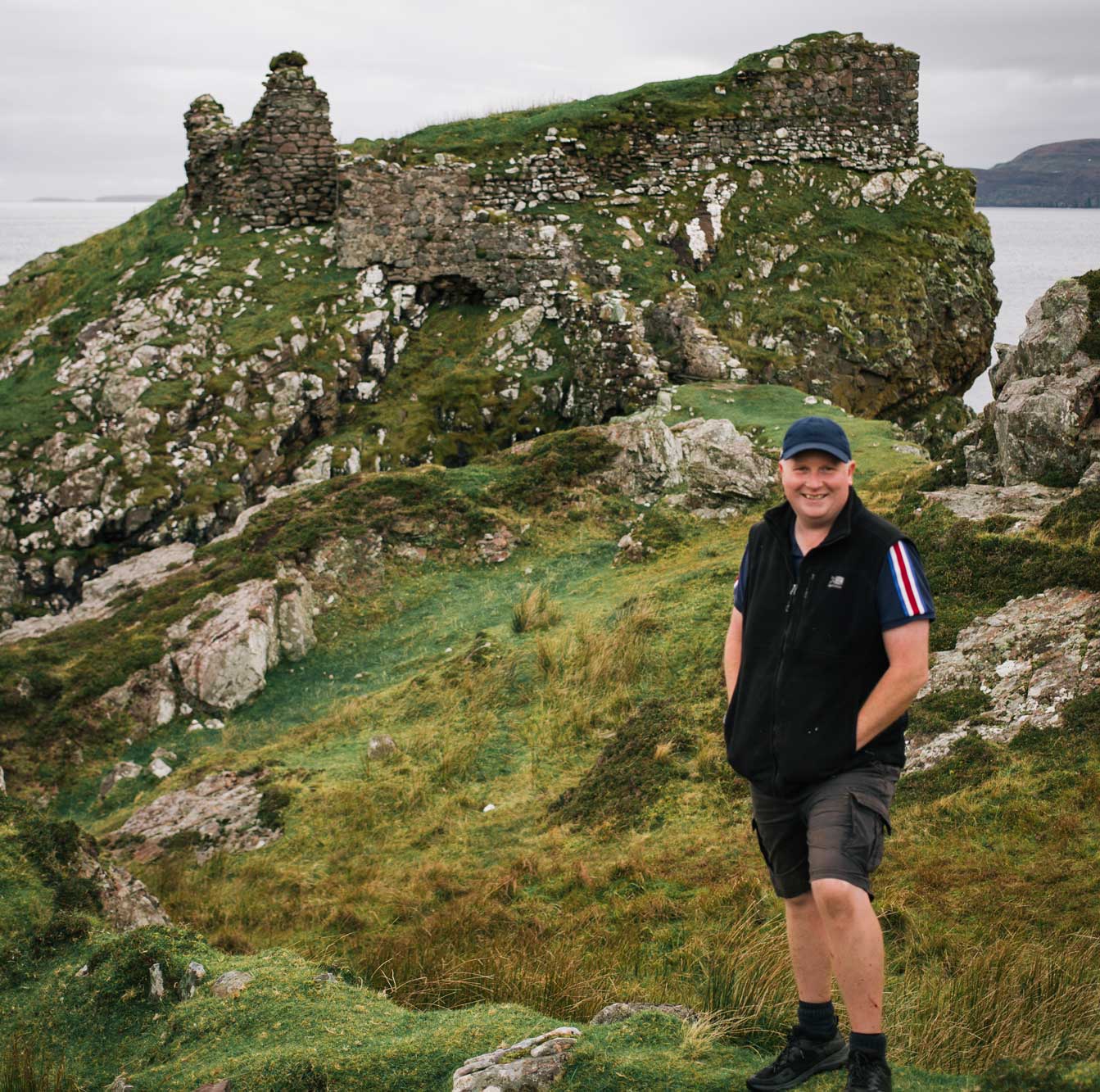 Image by April Bright of Duffy in front of Dunscaith Castle